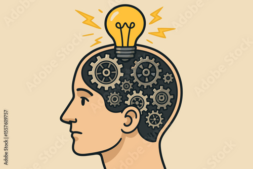 Human mind mechanics concept. Brain as machine with gears and cogs. Lightbulb creative idea, innovation, thinking process, intelligence, mental energy, problem solving, vector illustration