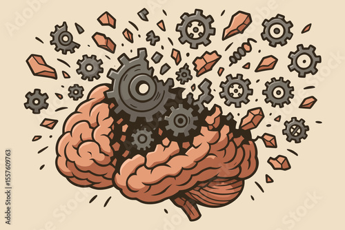 Exploding Brain with Gears and Mechanisms, Creative Mind Concept, Mental Breakdown, Innovation, Brainstorm, Cognitive Process, Engineering, Abstract Vector Cartoon Illustration