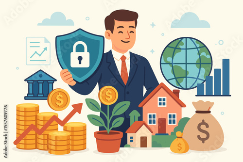 Secure Investment Strategy Concept. Financial Growth, Wealth Management, Asset Protection. Money Security, Banking, Real Estate, Savings, Global Market, Investment Planning, Financial Advisor Vector