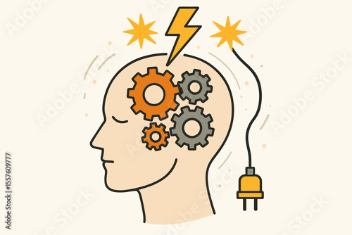 Human Brain Power Concept. Mind as Machine with Gears and Electric Plug. Creative Thinking, Innovation, Mental Energy, Idea Generation, Productivity, Cognitive Process, Vector Illustration