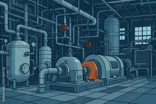 Industrial power plant interior vector. Complex machinery, turbines, pipes, valves, tanks, equipment. Factory engineering system. Boiler room. Mechanical infrastructure. Cartoon illustration