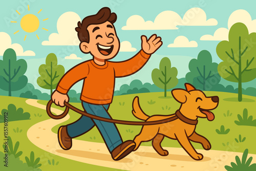 Happy man walking dog in sunny park, cheerful cartoon character, outdoor leisure activity, pet owner, friendship, nature, green landscape, smiling, joyful, fun, vector illustration