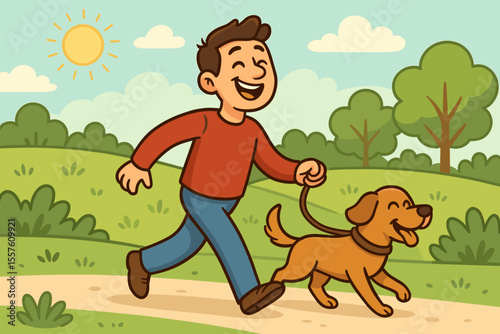 Happy man walking dog in sunny park. Cartoon vector illustration of cheerful male with pet on leash. Outdoor activity, friendship, leisure, nature, green landscape, summer day, smiling animals