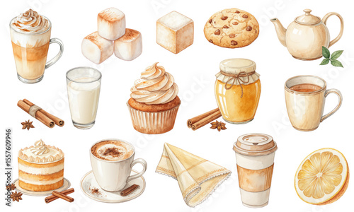 Watercolor Vector Set of Coffee, Tea, Desserts, and Sweets with Cakes, Cupcakes, and Ingredients