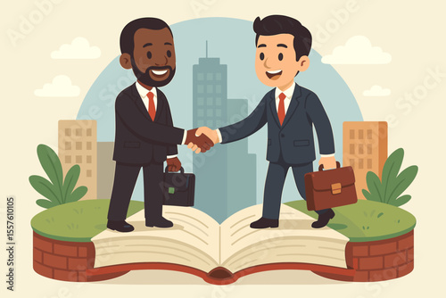 Multicultural business leaders handshake agreement on open book platform. Partnership, cooperation, corporate deal, teamwork, education, cityscape background. Vector cartoon illustration.