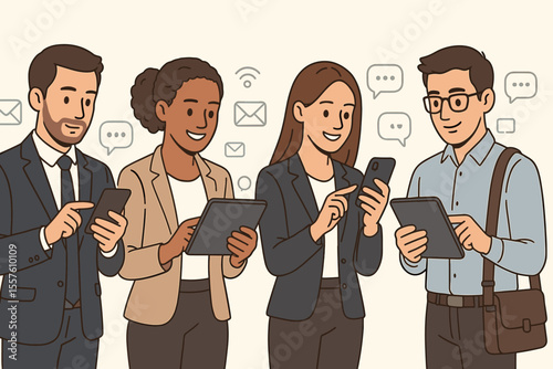 Business professionals using smartphones and tablets, digital communication, teamwork, collaboration, office technology, online messaging, wireless connection, cartoon vector illustration