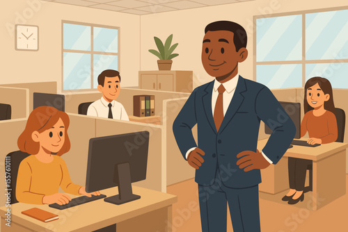 Modern office workplace scene with diverse employees working at computers in cubicles, confident manager supervising team, corporate teamwork, professional business environment, vector illustration