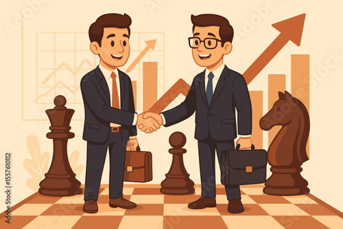 Business Negotiation Strategy Success. Two Businessmen Shaking Hands on Chessboard. Partnership Agreement, Strategic Deal, Growth Chart, Chess Pieces, Corporate Collaboration, Vector Illustration