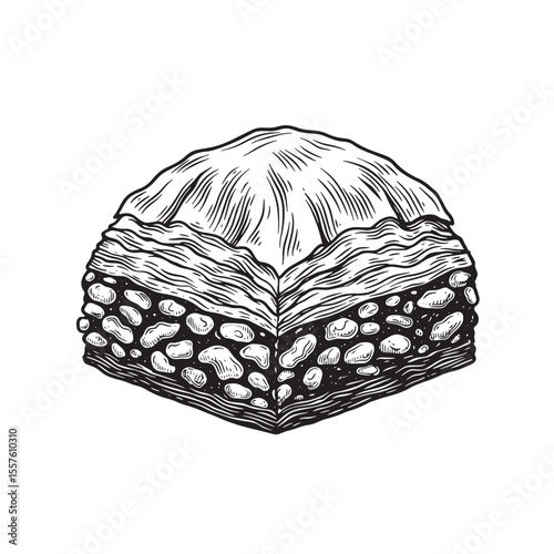 Detailed vintage art silhouette depicting a delicious piece of baklava pastry with nuts on a clean white background.