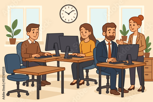 Modern office teamwork and collaboration concept. Cartoon business people working at computers, empty desk, manager giving instructions, professional workspace, corporate environment, productivity