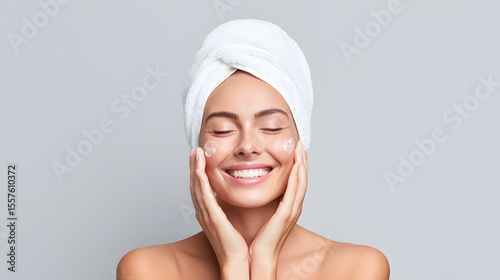Wallpaper Mural Young woman applying face cream, wrapped in a towel. Skincare and natural beauty concept. Torontodigital.ca