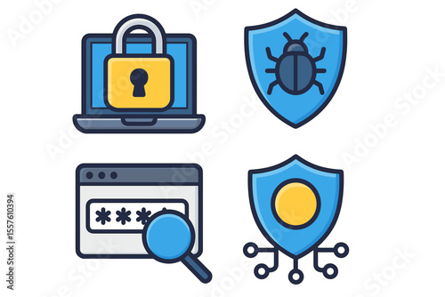 Cybersecurity Icons Set. Data Protection, Computer Security, Antivirus Shield, Password Privacy, Malware Defense. Internet Safety, Encryption, Secure Login, Network Protection. Vector Illustration
