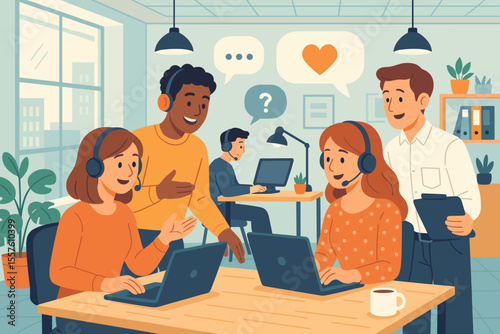 Modern open office teamwork collaboration. Diverse call center staff with headsets using laptops, manager supervising, customer support, communication, business workspace, vector illustration