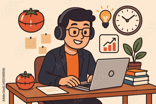 Focused entrepreneur using Pomodoro technique for productivity. Cartoon man with headphones working at laptop, tomato timer, clock, growth chart, light bulb, plant, books. Time management concept