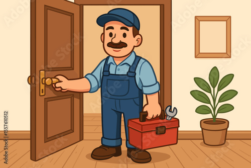Cartoon handyman entering home for maintenance service, holding red toolbox and wrench, wearing blue overalls and cap, interior with plant and door, repairman concept illustration