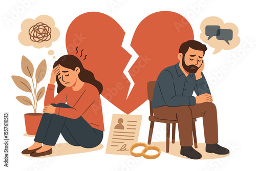 Divorce and Relationship Crisis Concept. Sad Couple Separation. Broken Heart Symbol. Marriage Problems, Emotional Stress, Communication Breakdown. Legal Document, Wedding Rings. Vector Illustration