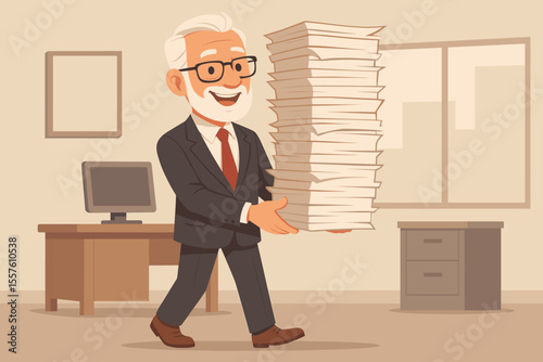 Senior businessman carrying huge stack of paperwork in modern office, overwhelmed with documents, corporate workload, stress management, paperwork overload, productivity challenge, vector illustration