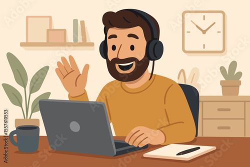 Cheerful bearded man in headphones video calling on laptop at home office desk. Remote work, freelance communication, online meeting, digital workspace. Cozy modern workspace illustration