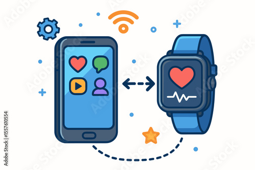 Modern smart watch and smartphone synchronization, wireless fitness tracker connectivity, health monitoring, heart rate, mobile app interface, wearable technology vector illustration