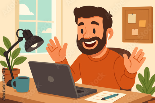 Remote work video call concept. Freelancer at home office desk with laptop, coffee mug, lamp, plants. Online meeting, telecommuting, virtual conference, communication. Modern workspace illustration.