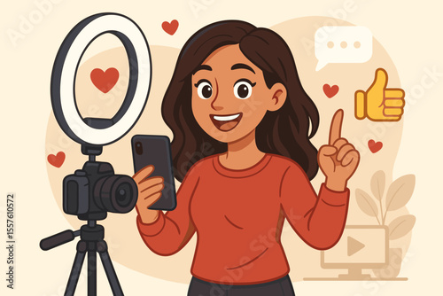 Social media influencer recording video content with smartphone and camera, ring light setup, digital creator engaging followers, online streaming, vlogging, social media engagement, cartoon vector