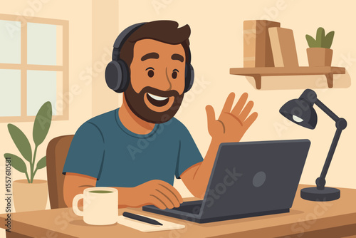 Remote work video call concept. Freelancer man with headphones waving hand, chatting online at home office desk with laptop, coffee cup, lamp, indoor plants, bookshelf. Vector cartoon illustration.