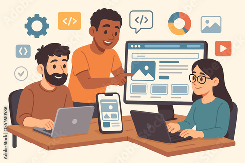 Diverse team of software developers collaborating on web and mobile app design, coding interface, teamwork at desk with laptops, smartphone, monitor, programming symbols, cartoon vector illustration
