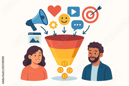 Digital marketing funnel concept with social media icons, customer journey, engagement, targeted advertising, lead generation, conversion, communication, sales process, cartoon vector illustration