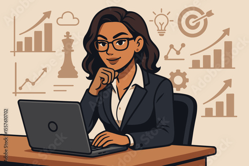 Professional woman at desk with laptop, developing business strategy. Vector concept for career growth, success, ambition, goal setting. Illustration with chart, chess, target icons.