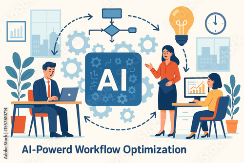 AI-powered workflow optimization concept. Business team using artificial intelligence for process automation, data analysis, and management. Modern office technology vector illustration.