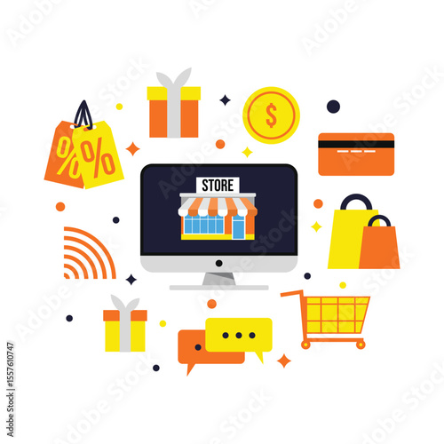 E-commerce concept illustration showing desktop screen, shopping cart, discount tags, money icons, and gift boxes in vibrant, modern flat design.