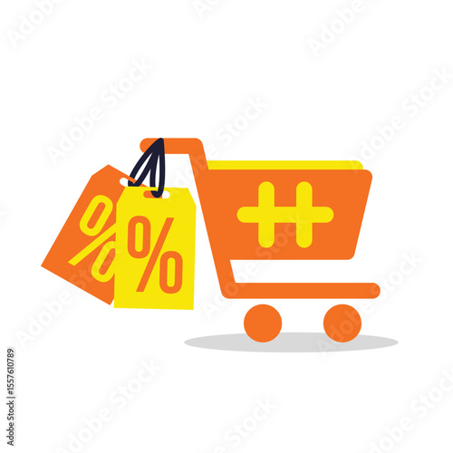 Shopping Cart with Discount Tag and Bag E-commerce Vector Icon
