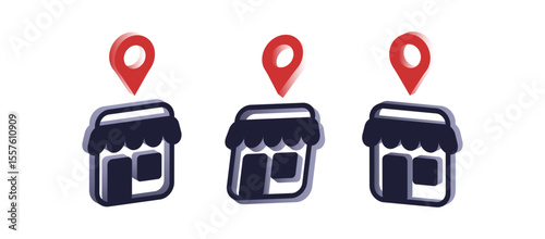 Flat vector illustration of storefront with red location pin, representing local shop, online shopping, retail business, and e-commerce store locator.