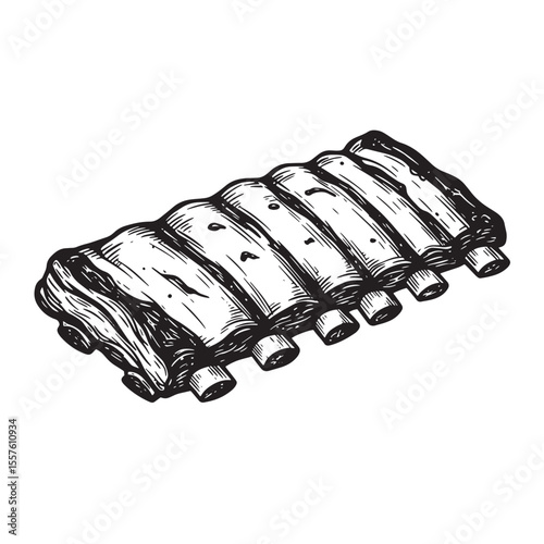 Hand drawn vintage art silhouette illustration of a rack of bbq ribs with a classic style perfect for designs