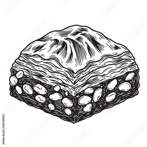 Intricate vintage art silhouette illustration of delicious traditional baklava dessert featuring layers and nut topping for culinary theme