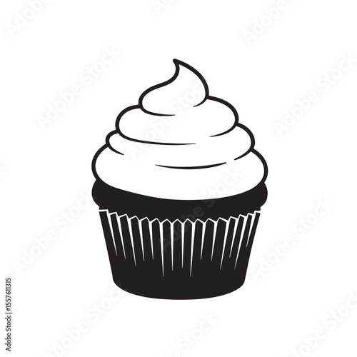 Simple and elegant black and white vintage art silhouette of a deliciously frosted cupcake isolated on a white background