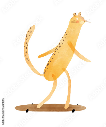 Wallpaper Mural Cute Cheetah Riding A Skateboard. Childish Drawing-like Vector Illustration Of Happy Leopard Skateboarding. Yellow Wild Cat On A White Background. Kids Room Decoration. Torontodigital.ca
