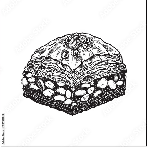 Vintage art silhouette of delicious baklava dessert with nuts depicted in detailed black and white food illustration