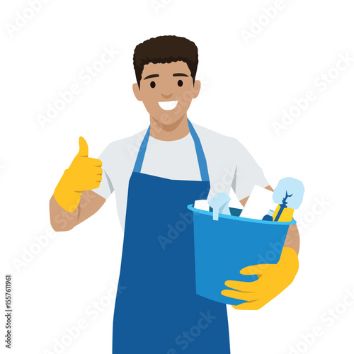 Cleaner in gloves and an apron holds a bucket of cleaning supplies while giving a thumbs up. Flat vector illustration isolated on white background