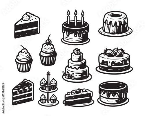 Hand Drawn Cake and Cupcake Set in Vintage Style with Slices and Whole Cakes vector
