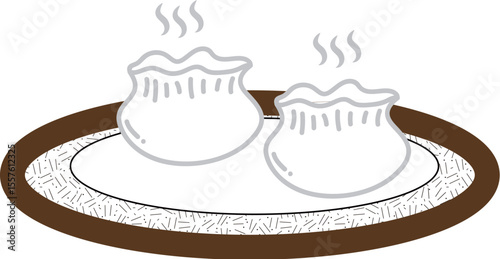 A simple illustration showing two steaming white shaomai on a plate 
