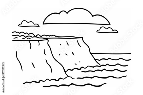 Cliff edge overlooking wavy ocean with clouds water