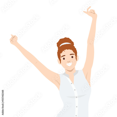 Joyful Woman Celebrating with Arms Raised. Flat vector illustration isolated on white background