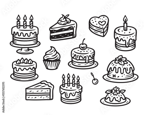 Cute Black and White Birthday Cake and Cupcake Set with Cherries and Candles vector