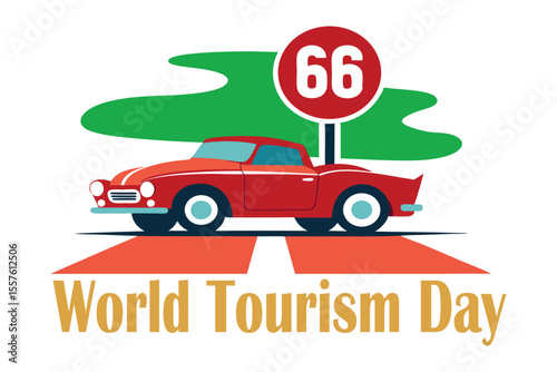 Retro Road Trip Vector – Vintage Convertible Car with Famous Route Signs in Postcard Style.