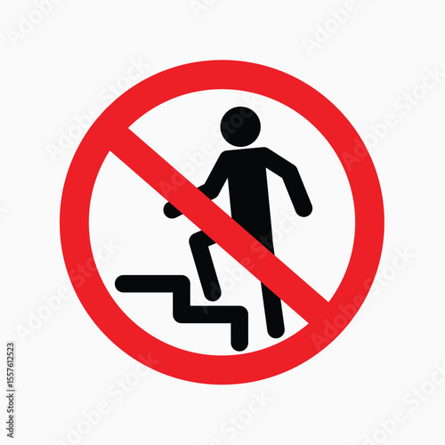 "No Access: A clear, circular sign featuring a person, climbing stairs, with a red prohibition, communicates a restriction. conveying a straightforward message of denied entry."