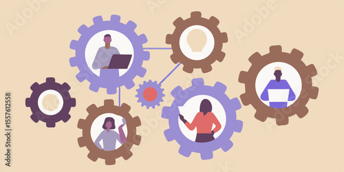 Diverse team of professionals working together like gears in a machine