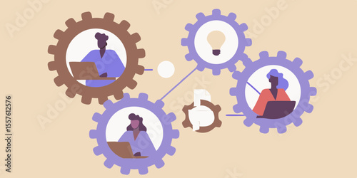 Teamwork and collaboration illustrated with interconnected gears and people working on laptops