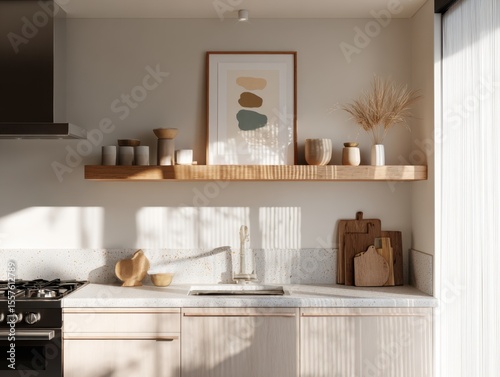 A kitchen with a white countertop and a sink. A wooden shelf is above the sink. A framed picture is on the shelf. A vase is on the counter