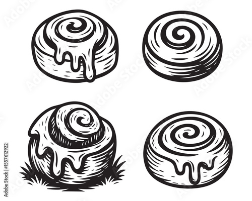 Hand Drawn Cinnamon Bun and Swirl Pastry Set vector